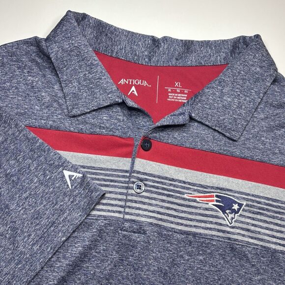 New England Patriots Antigua Logo Polo Shirt Men XL Gray Red Stripe Performance - Picture 1 of 8
